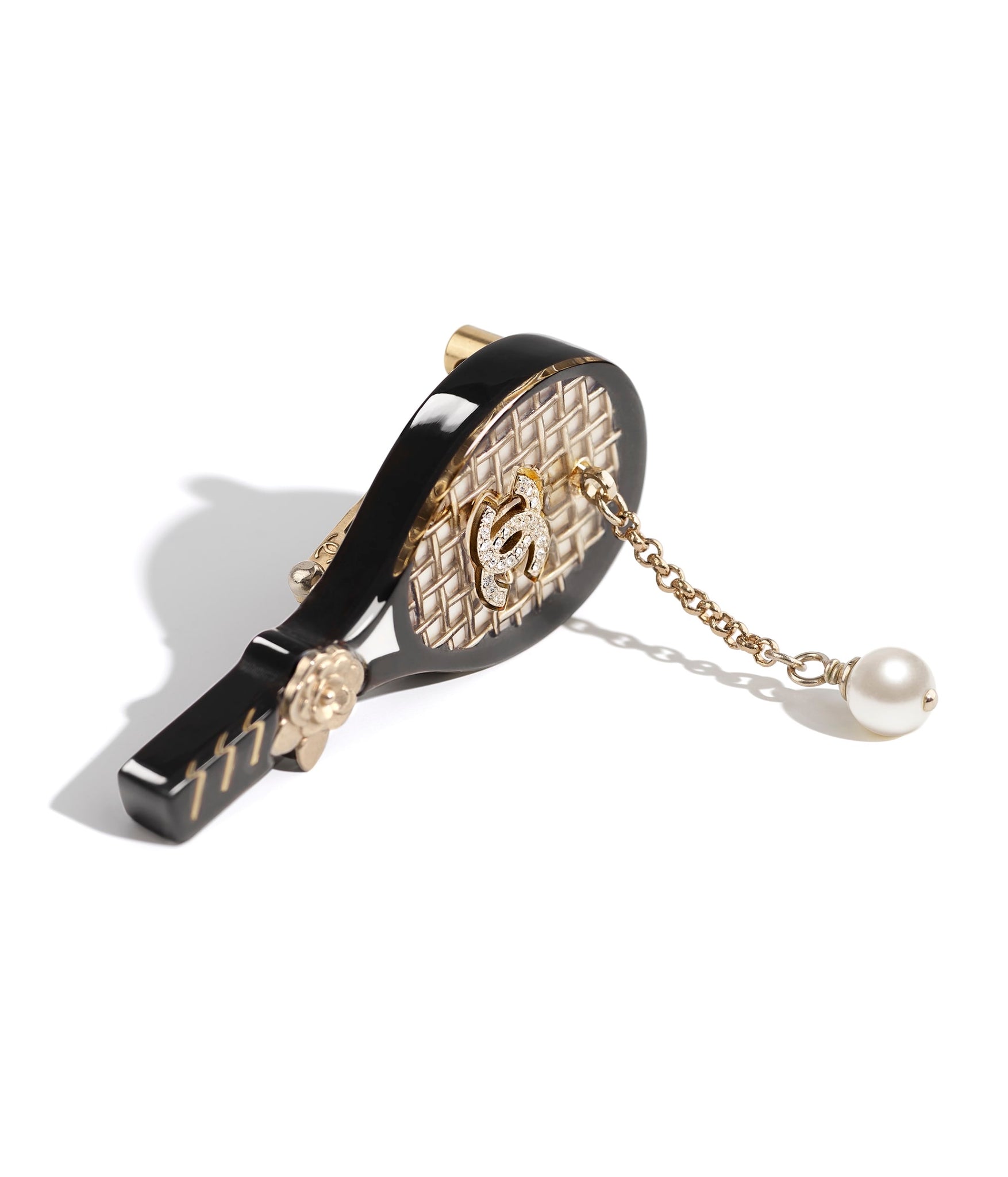 CHANEL Metal Resin Pearls Strass Tennis Racket Brooch Gold Black Pearly  White 686911