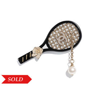 CHANEL Metal Resin Pearls Strass Tennis Racket Brooch Gold Black Pearly  White 686911
